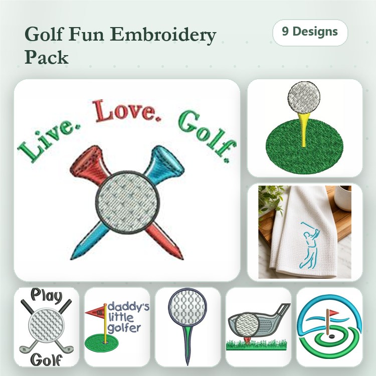 Golf-themed Embroidery Designs Bundle – Golf Ball, Golf Tee, Golf Swing Silhouette & More (9 Designs)