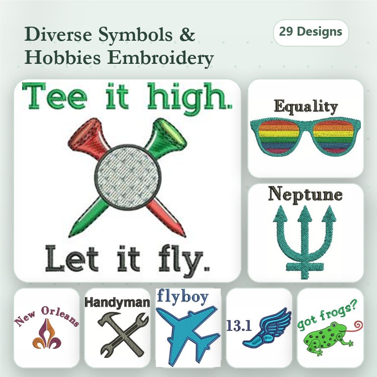Diverse Symbols & Hobbies Embroidery Designs Bundle – Golfing Darts, Equality Sunglasses, Handyman Tools & More (29 Designs)
