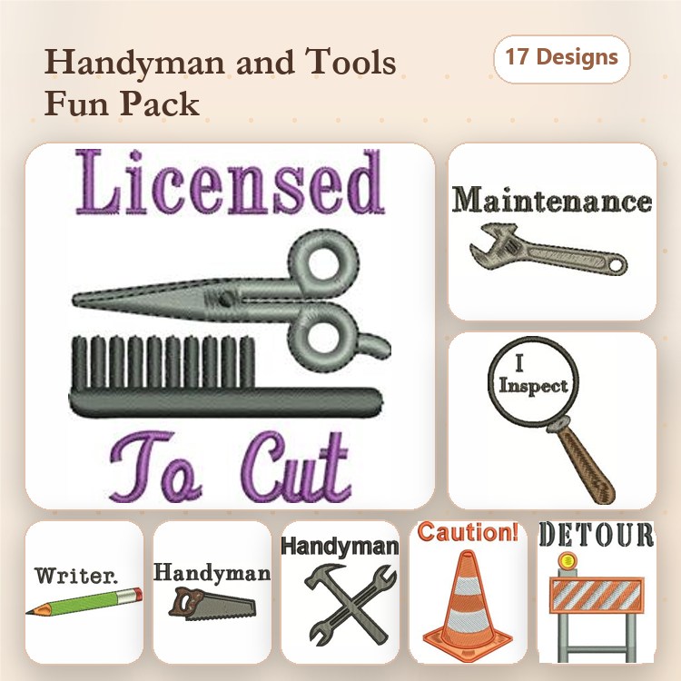 Handyman Tools Embroidery Designs Bundle – Licensed To Cut, Maintenance, I Inspect & More (17 Designs)
