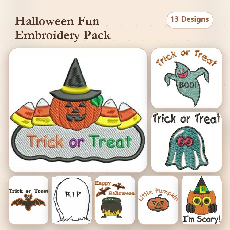 Halloween Celebration Embroidery Designs Bundle – Trick or Treat Pumpkin, Ghost Boo, Happy Halloween Greeting & More (13 Designs)