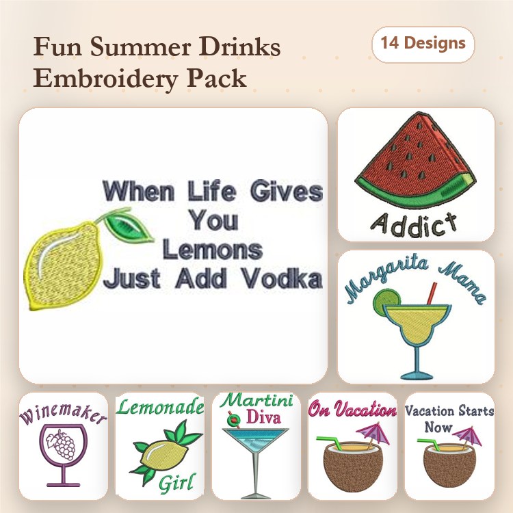 Summer Drinks Embroidery Designs Bundle – Lemonade Girl, Margarita Mama, Watermelon Slice & More (14 Designs)