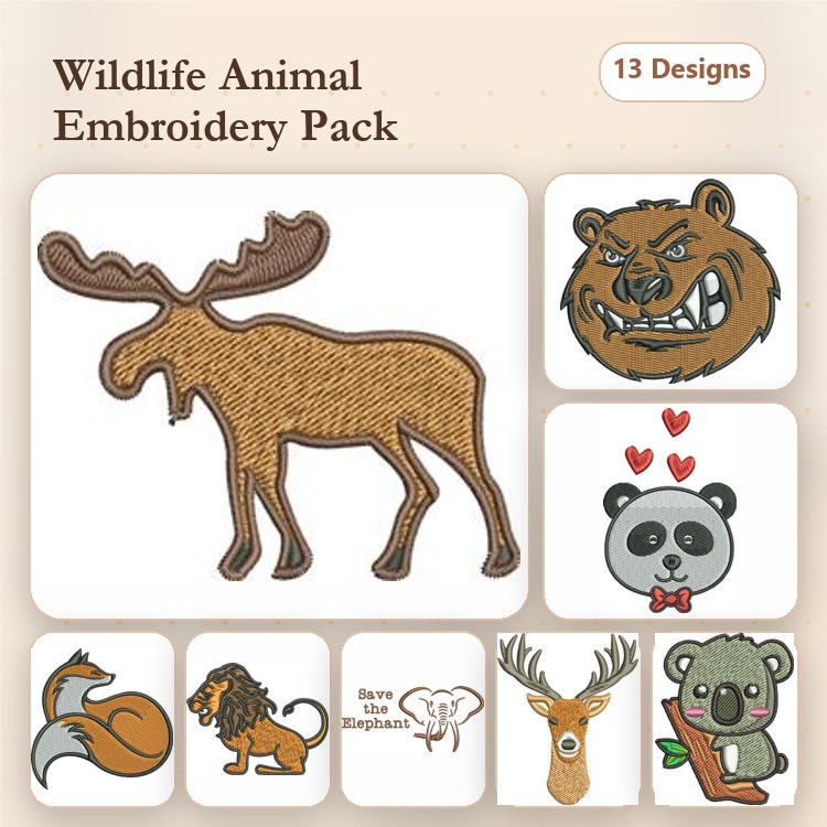 Wildlife Animal Embroidery Designs Bundle – Moose, Bear, Panda, Fox & More (13 Designs)
