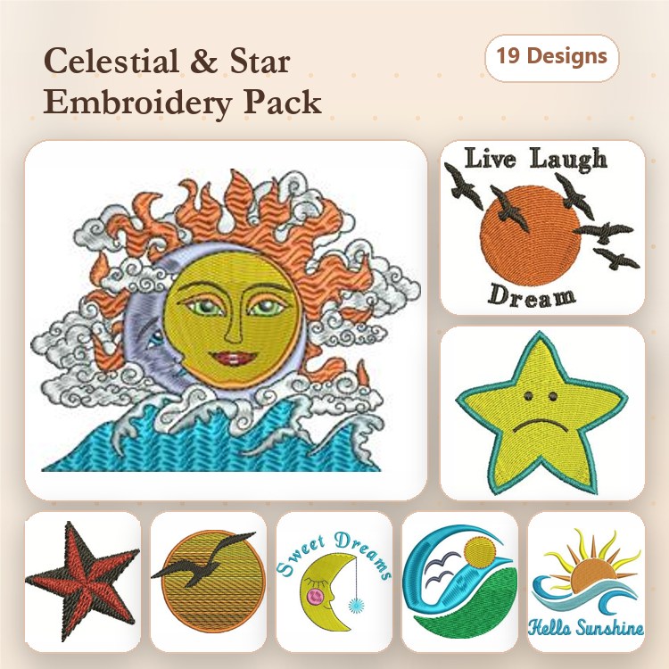 Celestial & Star Themes Embroidery Designs Bundle – Sun with Waves, Moon with Birds, Live Laugh Dream & More (19 Designs)