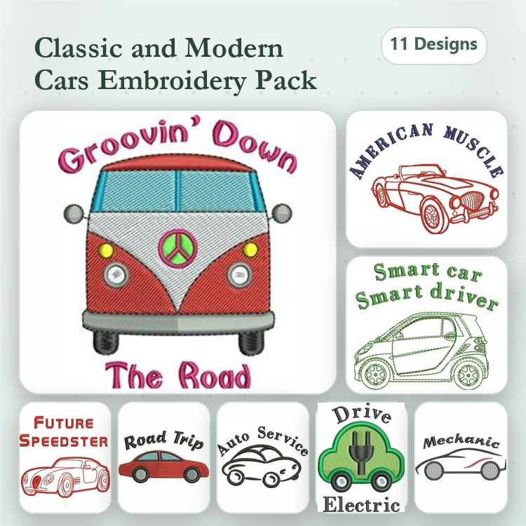 Cars & Automotive Embroidery Designs Bundle – Groovin' Down The Road, American Muscle, Drive Electric & More (11 Designs)