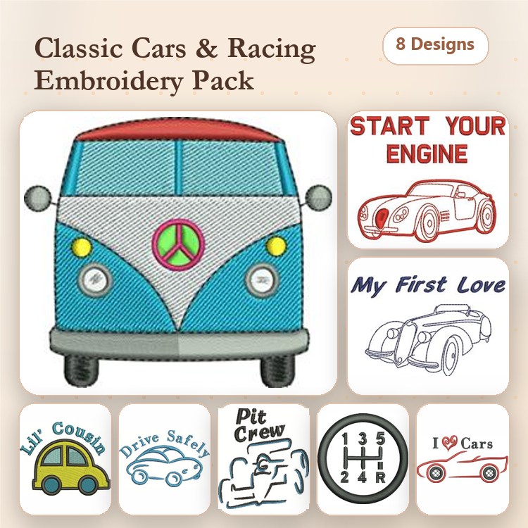Classic Cars and Racing Embroidery Designs Bundle – VW Bus, Start Your Engine, Drive Safely & More (8 Designs)