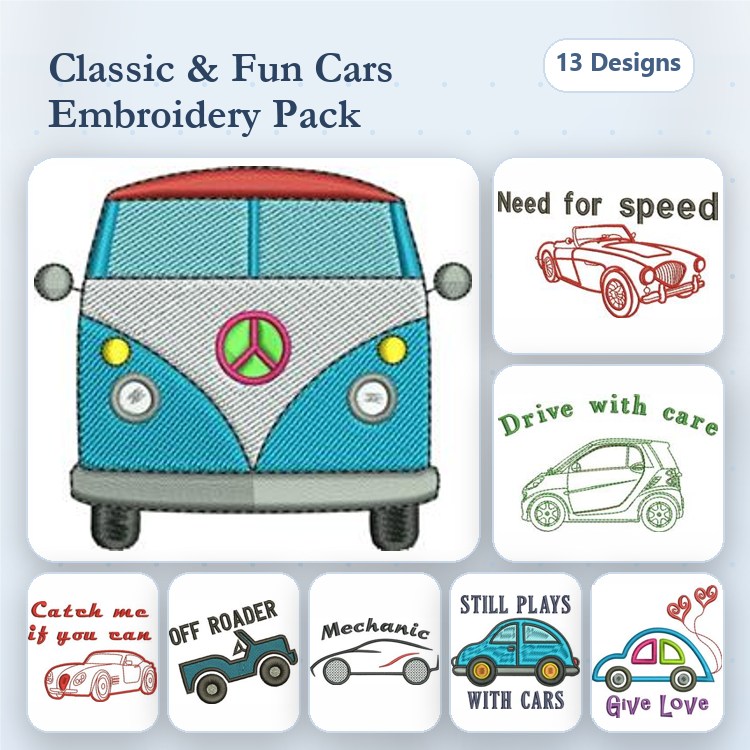 Cars & Automotive Embroidery Designs Bundle – VW Bus, Race Car, Need for Speed & More (13 Designs)