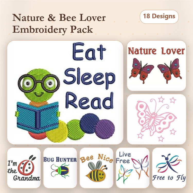 Nature and Bee Embroidery Designs Bundle – Caterpillar with Book, Nature Lover, Butterflies & More (18 Designs)
