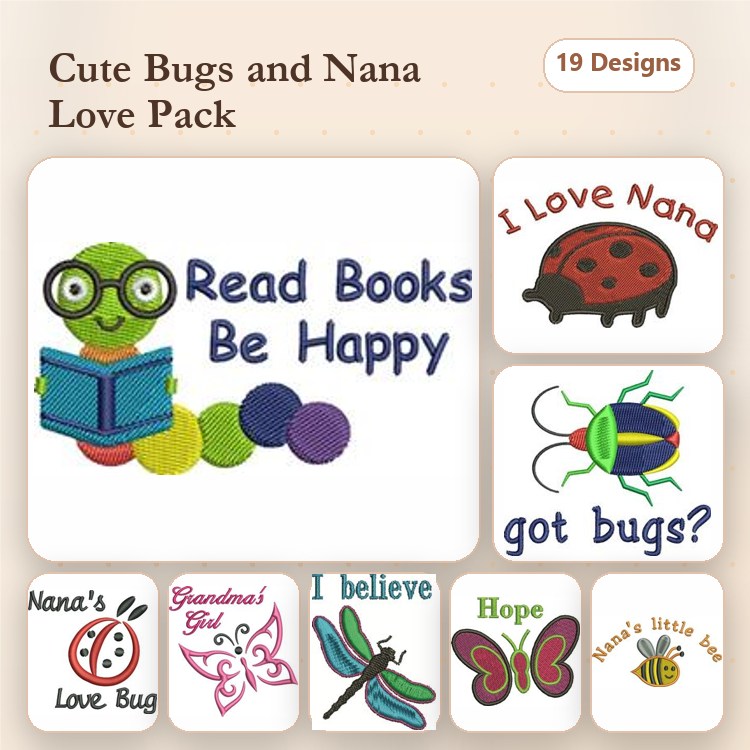 Cute Bugs & Love Phrases Embroidery Designs Bundle – Reading Worm, Ladybug, I Love Nana & More (19 Designs)