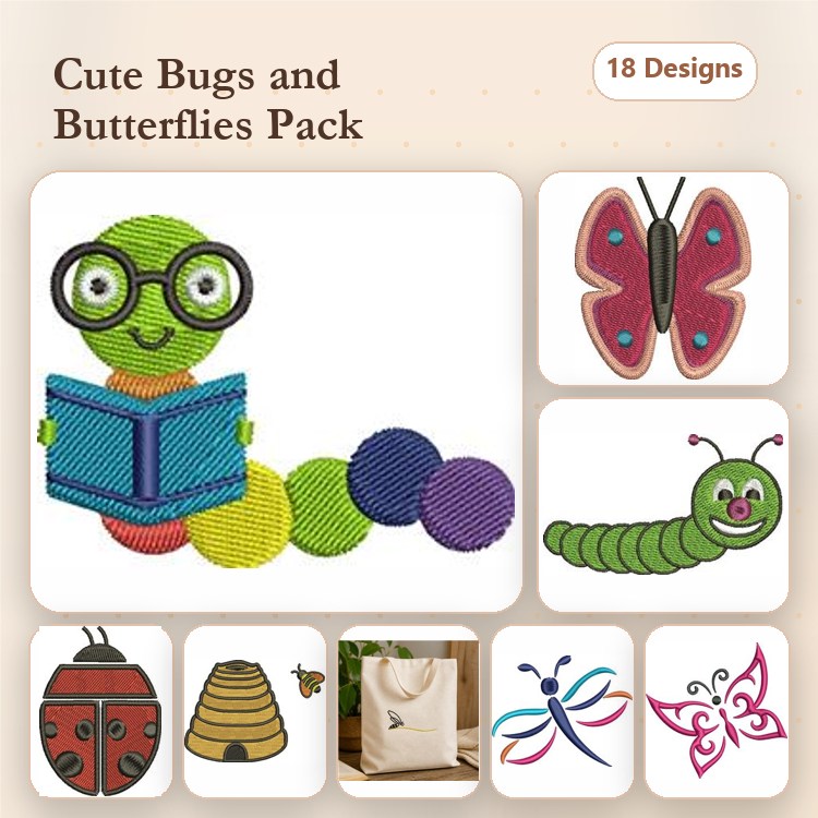 Cute Bugs & Butterflies Embroidery Bundle – Reading Caterpillar, Ladybug, Bee & More (18 Designs)