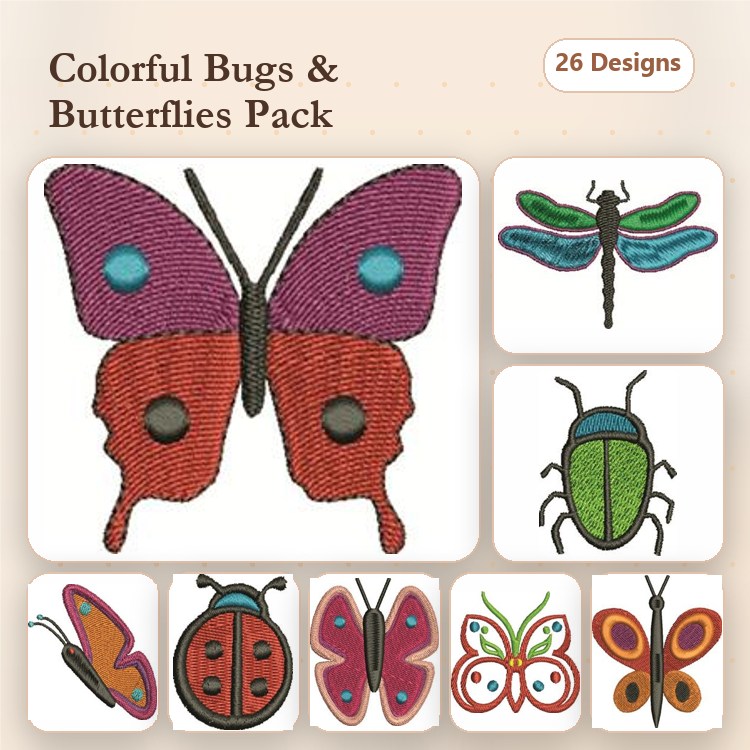 Colorful Bugs and Butterflies Embroidery Designs Bundle – Butterfly, Dragonfly, Ladybug & More (26 Designs)