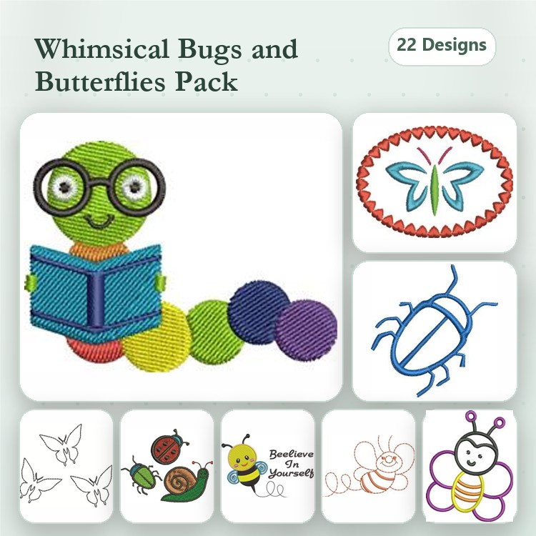 Whimsical Bugs & Butterflies Embroidery Designs Bundle – Caterpillar with Glasses, Happy Ladybug, Bee & More (22 Designs)