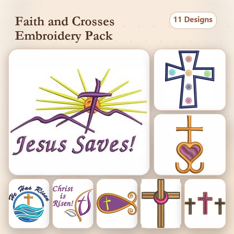 Faith and Crosses Embroidery Designs Bundle – Sunset Cross, Jesus Saves, Heart Cross & More (11 Designs)