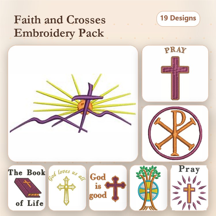 Faith-Themed Crosses Embroidery Designs Bundle – Cross with Rays, Chi-Rho Symbol, Tree of Life & More (19 Designs)