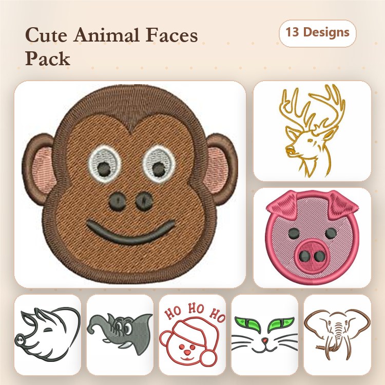 Cute Animal Faces Embroidery Designs Bundle – Monkey Face, Reindeer Face, Pig Face & More (13 Designs)