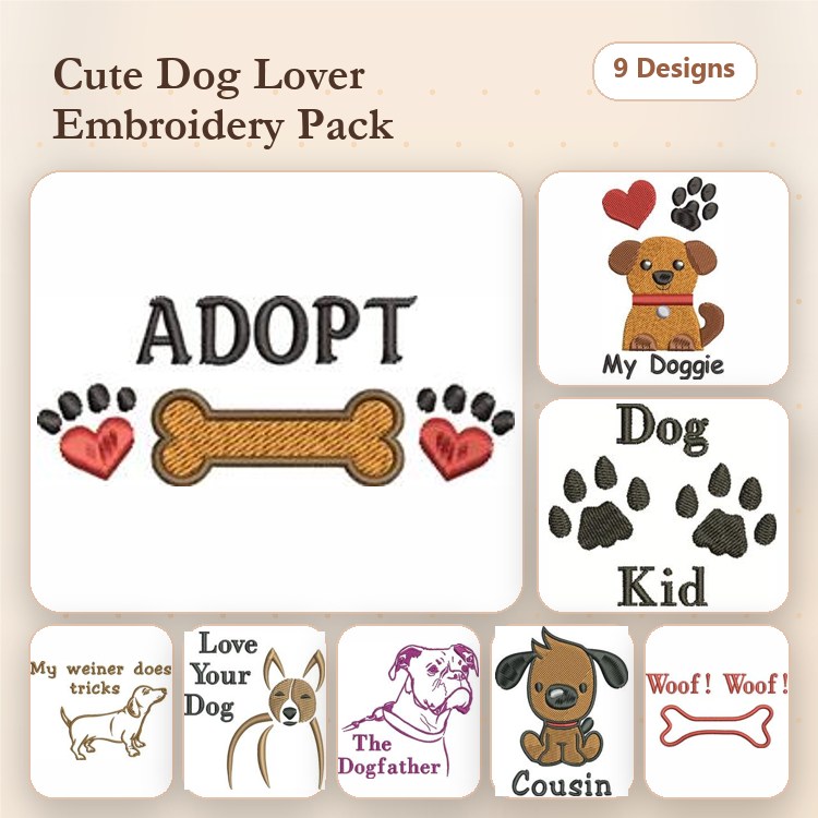Dog & Paw Print Embroidery Bundle – Woof! Love Your Dog (10 Designs)