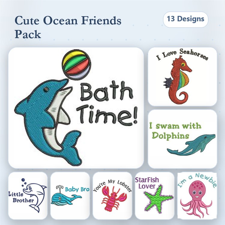 Ocean-Themed Embroidery Bundle – Dolphin, Seahorse, Octopus, Starfish & More (13 Designs)