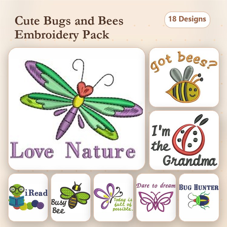 Bugs and Bees Embroidery Designs Bundle – Dragonfly with Love Nature, Got Bees?, Busy Bee & More (18 Designs)