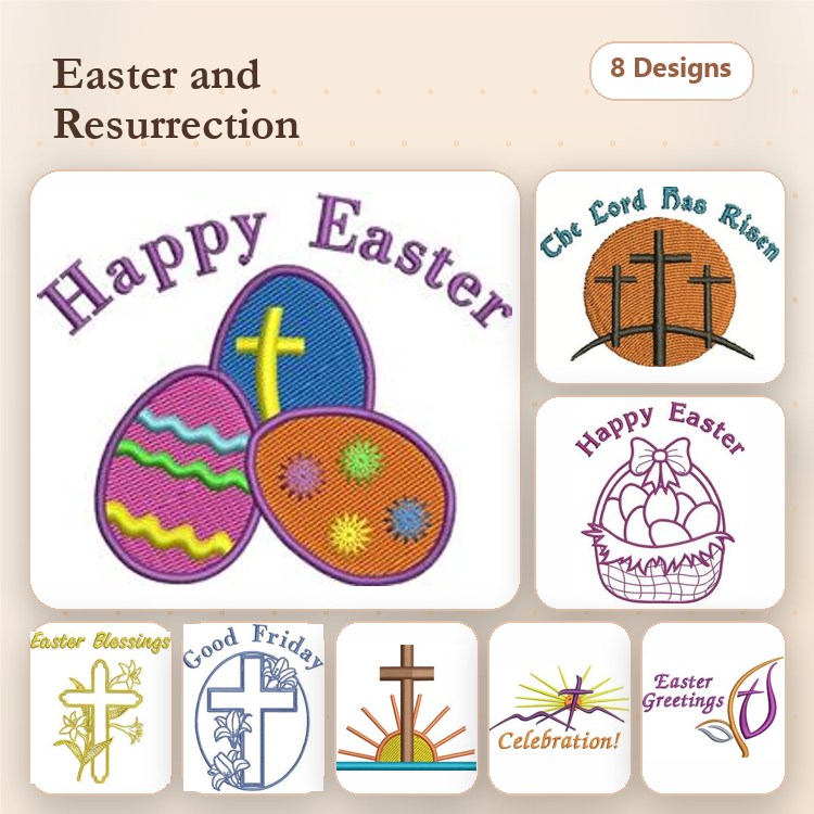 Easter & Resurrection Embroidery Designs Bundle – Happy Easter, Colorful Easter Eggs, Good Friday Cross & More (8 Designs)