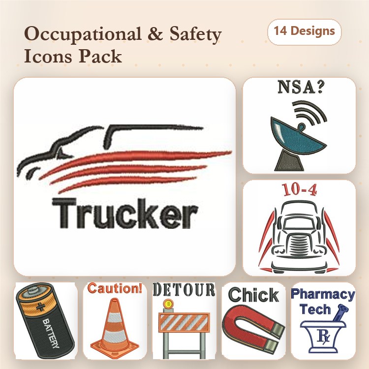 Occupational Safety Icons Embroidery Designs Bundle – Trucker, Caution Cone, Detour Sign & More (14 Designs)