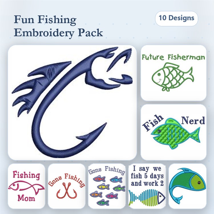 Fishing-Themed Embroidery Designs Bundle – Fishing Hook, Catch of the Day, Gone Fishing & More (10 Designs)