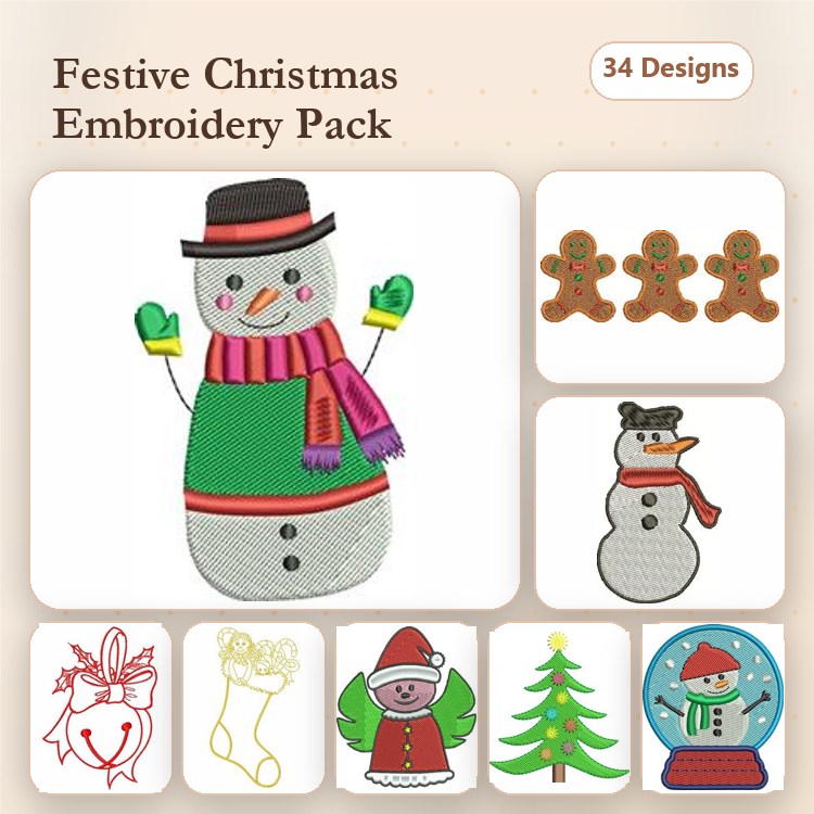 Festive Christmas Characters Embroidery Designs Bundle – Snowman, Gingerbread Trio, Santa Claus & More (34 Designs)
