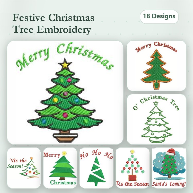 Christmas Tree Embroidery Designs Bundle – Merry Christmas Tree, O' Christmas Tree, & More (18 Designs)