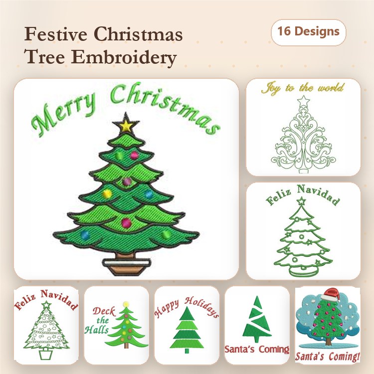 Christmas Tree Embroidery Designs Bundle – Merry Christmas Tree, Christmas Tree with Ornaments, Joy to the World & More (16 Designs)