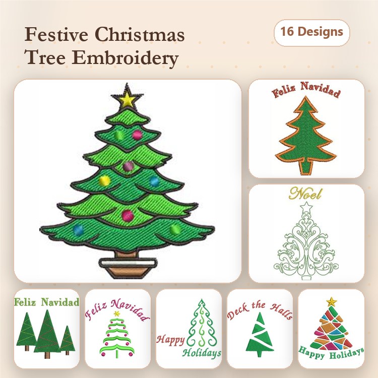 Christmas Tree Embroidery Designs Bundle – Christmas Tree with Ornaments, Feliz Navidad Tree, Duck the Halls Tree & More (16 Designs)