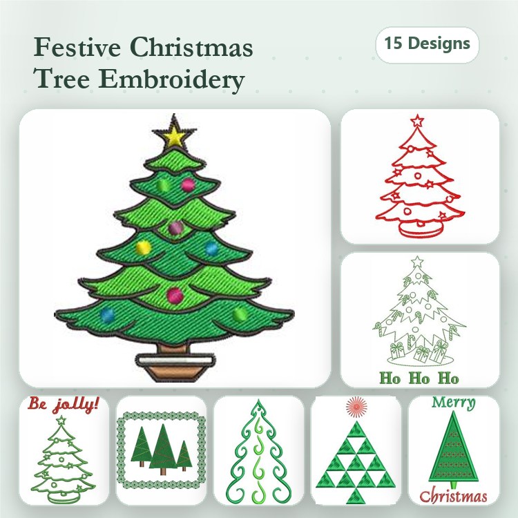 Christmas Tree Embroidery Designs Bundle – Decorated Tree, Minimalist Tree, Be Jolly & More (15 Designs)