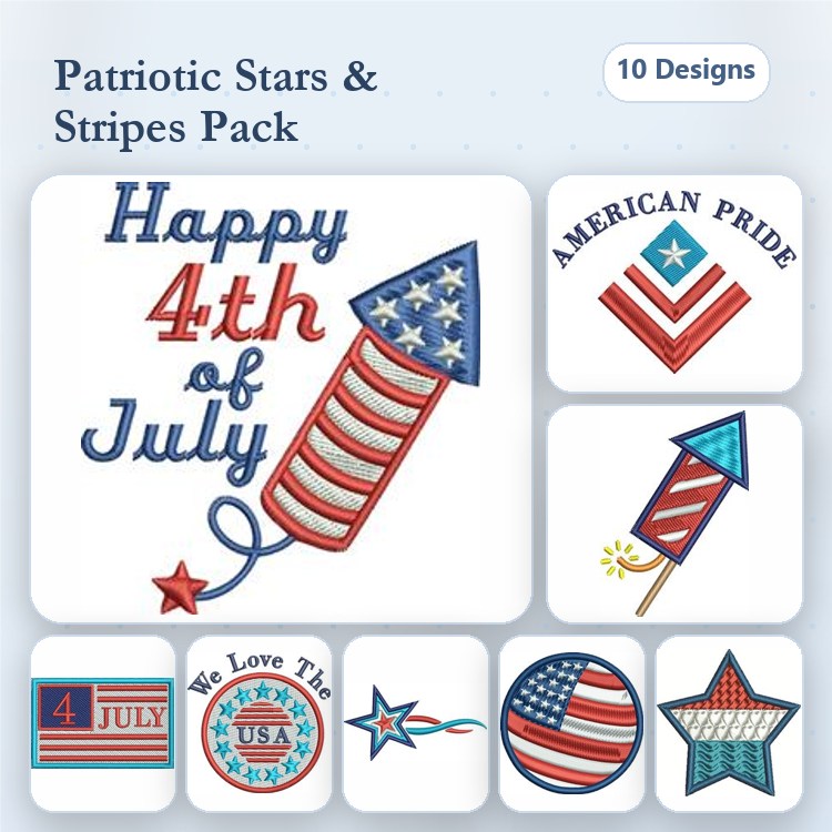 Patriotic Celebration Embroidery Designs Bundle – Happy 4th of July, Firework with Stars, American Pride Badge & More (10 Designs)