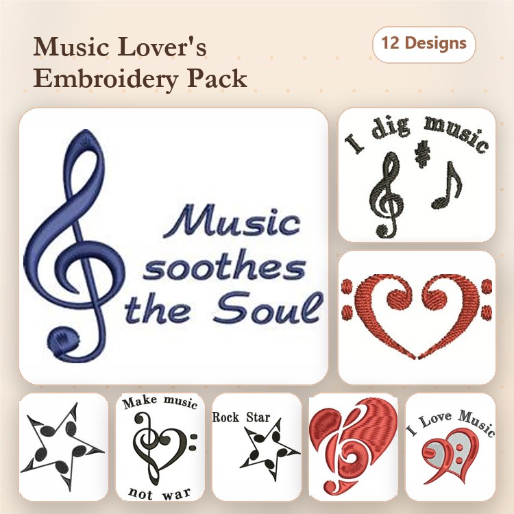 Music Embroidery Designs Bundle – Music Soothes the Soul, I Dig Music, Heart Note & More (12 Designs)