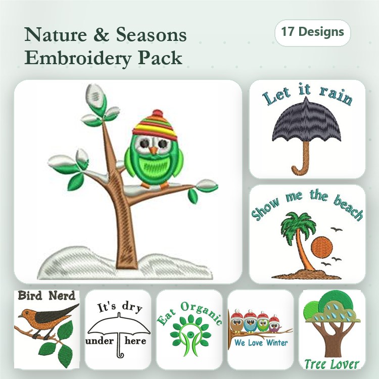 Nature and Seasons Embroidery Designs Bundle – Owl on Tree, Bird Nerd, Let It Rain & More (17 Designs)