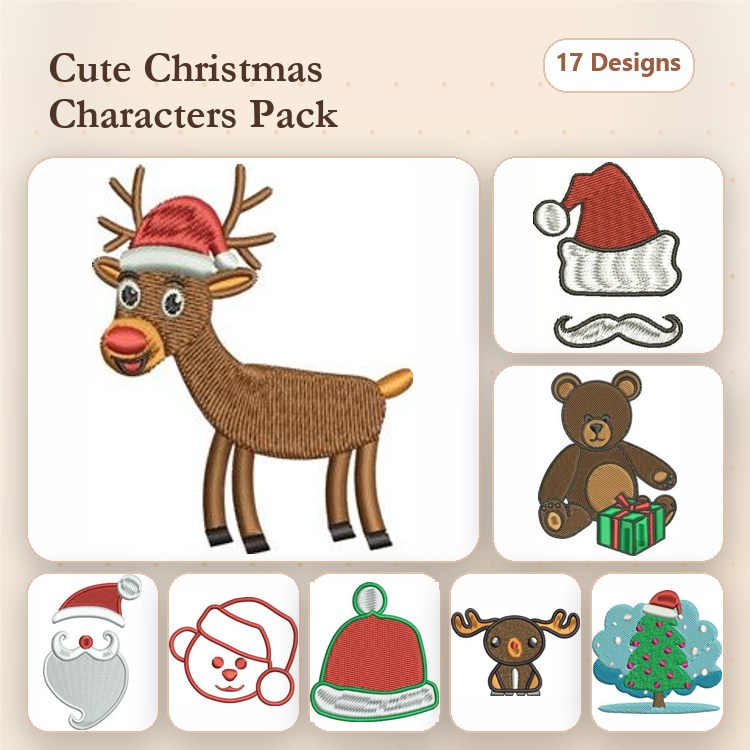 Cute Christmas Characters Embroidery Bundle – Reindeer, Santa Claus, Teddy Bear & More (17 Designs)