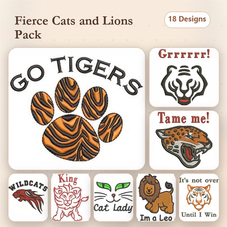 Fierce Cats & Lions Embroidery Designs Bundle – Go Tigers, Tiger Paw, Cat Lady, I'm a Leo & More (18 Designs)