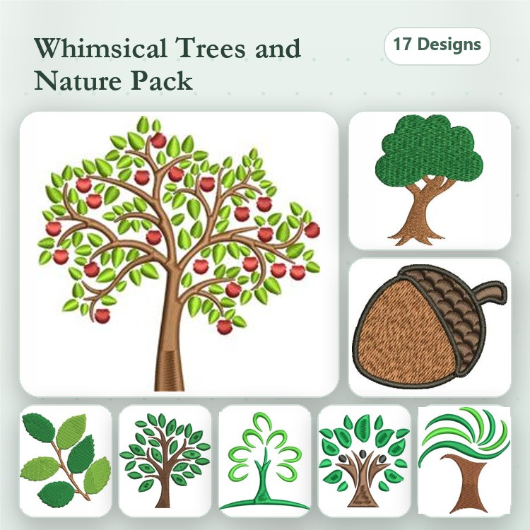 Nature Embroidery Designs Bundle – Apple Tree, Oak Tree, Acorn & More (17 Designs)