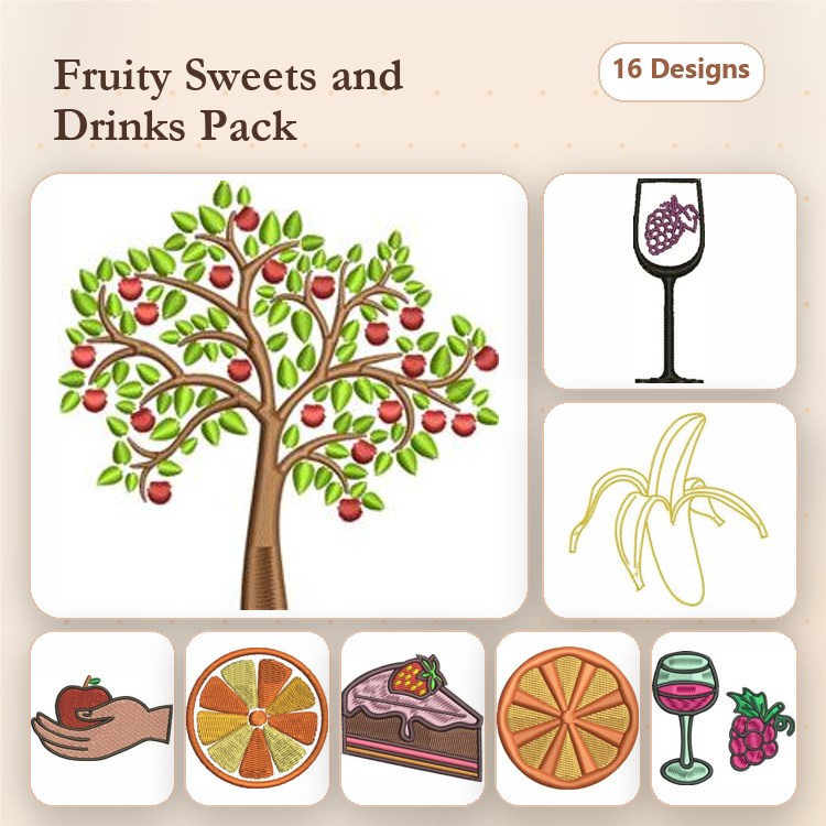 Fruity Sweets and Drinks Embroidery Designs Bundle – Apple Tree, Grapes in Glass, Chocolate Cake & More (16 Designs)