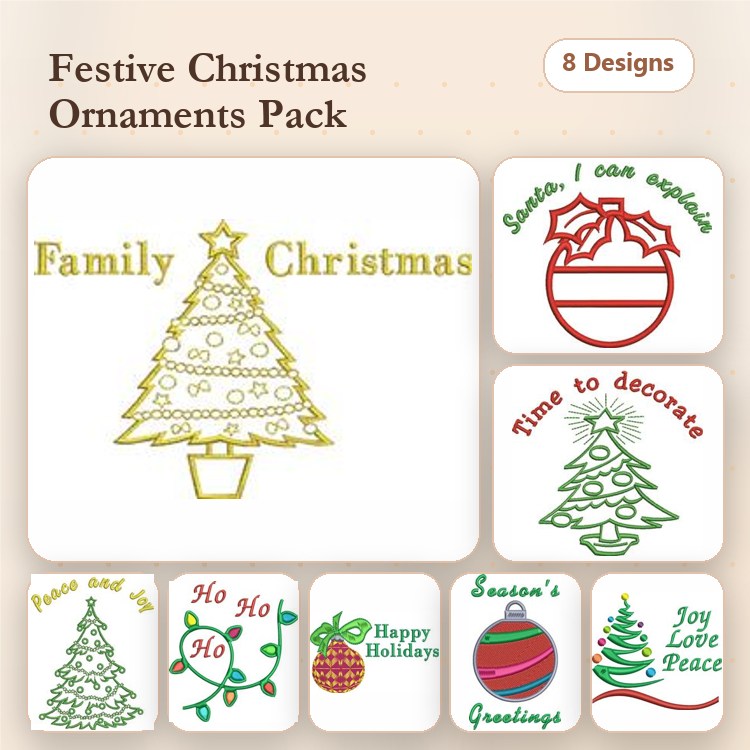 Christmas Ornament Embroidery Designs Bundle – Family Christmas Tree, Santa Ornament, Ho Ho Ho & More (8 Designs)