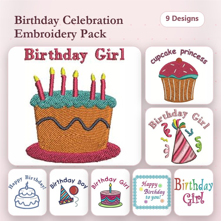 Birthday Celebration Embroidery Designs Bundle – Birthday Cake, Cupcake Princess, Birthday Girl, & More (9 Designs)