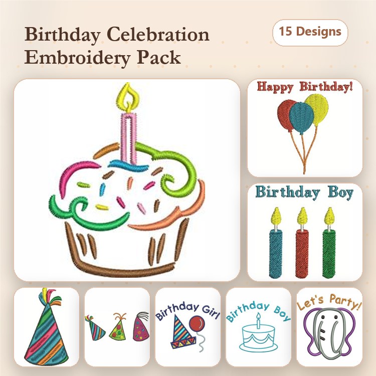 Redwork Birthday Celebration Embroidery Designs Bundle – Happy Birthday, Birthday Hat, Cupcake with Candle & More (15 Designs)