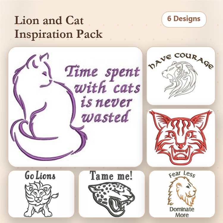 Redwork Lion & Cat Embroidery Bundle – Cat Silhouette with Quote, Courage Lion, Fear Less Lion & More (6 Designs)