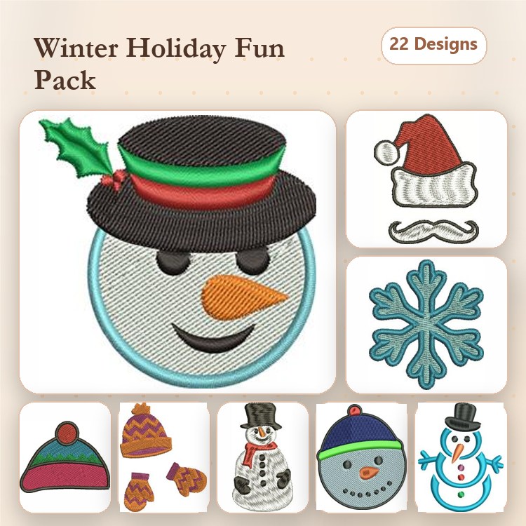 Winter Holiday Embroidery Designs Bundle – Snowman, Santa Hat, Snowflake, Knitted Mittens & More (22 Designs)