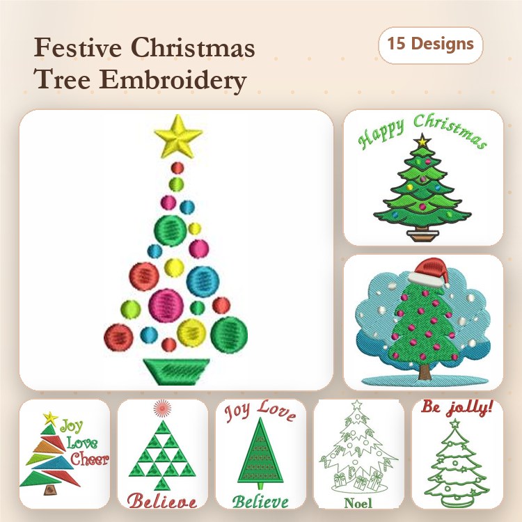 Festive Christmas Tree Embroidery Designs Bundle – Colorful Christmas Tree, Santa Hat Tree, & More (15 Designs)