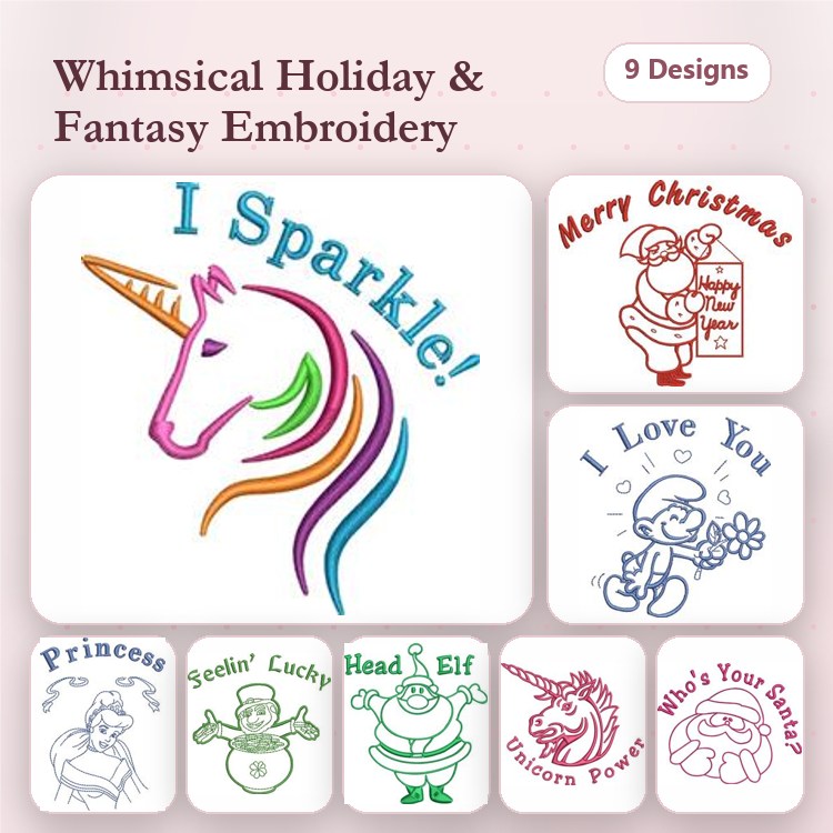 Redwork Whimsical Holiday & Fantasy Embroidery Designs Bundle – Unicorn, Santa, Princess, Elf & More (9 Designs)