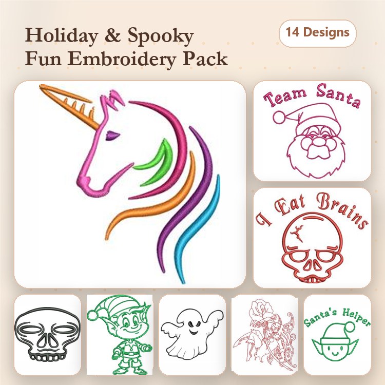 Redwork Holiday & Spooky Embroidery Designs Bundle – Unicorn, Team Santa, I Eat Brains & More (14 Designs)
