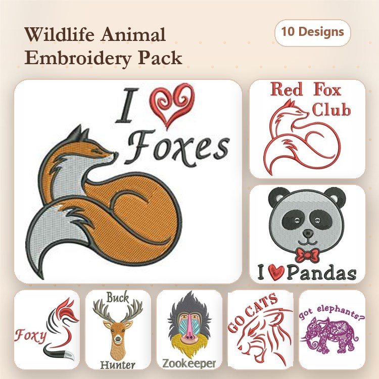 Wildlife Animals Embroidery Designs Bundle – Red Fox, Panda, Buck Hunter & More (10 Designs)