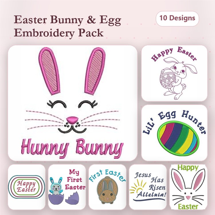 Easter Bunny & Eggs Embroidery Designs Bundle – Happy Easter, Hunny Bunny, Lili Egg Hunter & More (10 Designs)