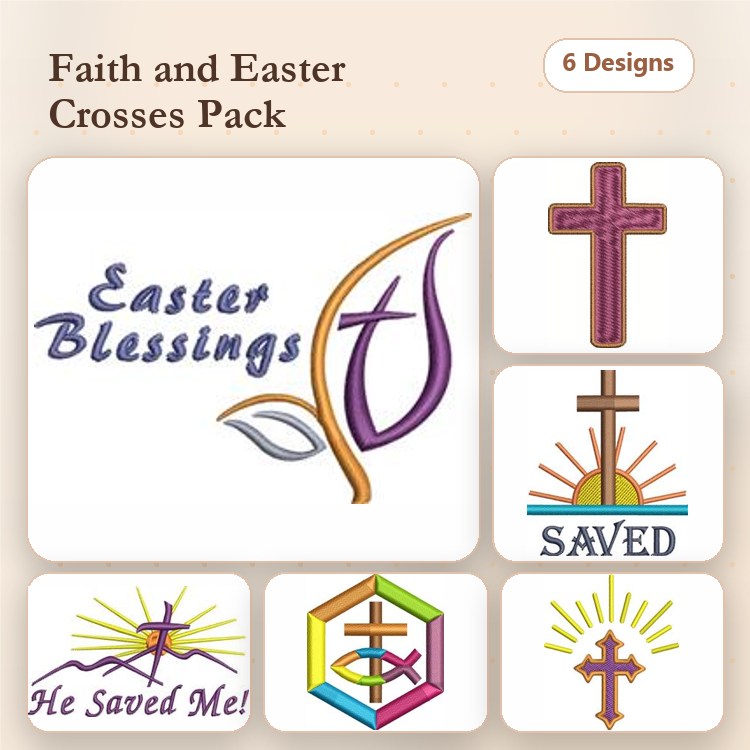 Faith & Easter Cross Embroidery Designs Bundle – Easter Blessings Cross, Cross with Leaves, Cross and Sun & More (6 Designs)