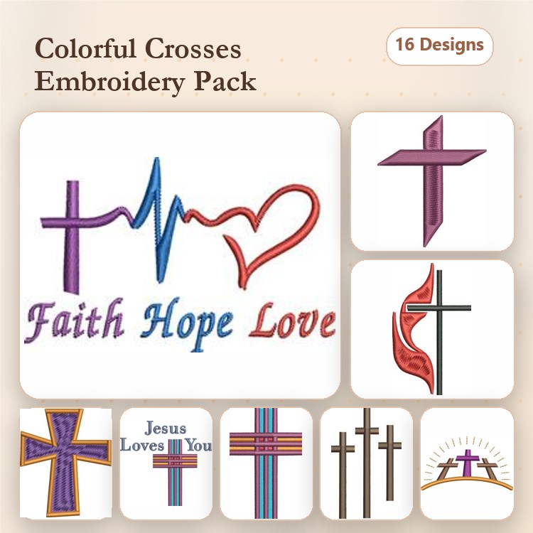 Colorful Cross Embroidery Designs Bundle – Cross with Heartbeat, Jesus Loves You Cross, Flame Cross & More (16 Designs)