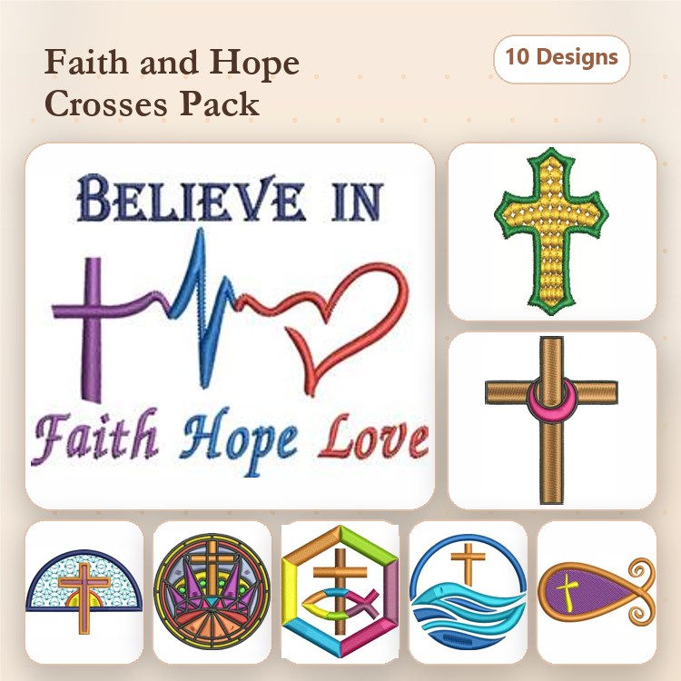 Faith and Hope Embroidery Designs Bundle – Believe in Faith, Colorful Cross, Heartbeat Cross & More (10 Designs)
