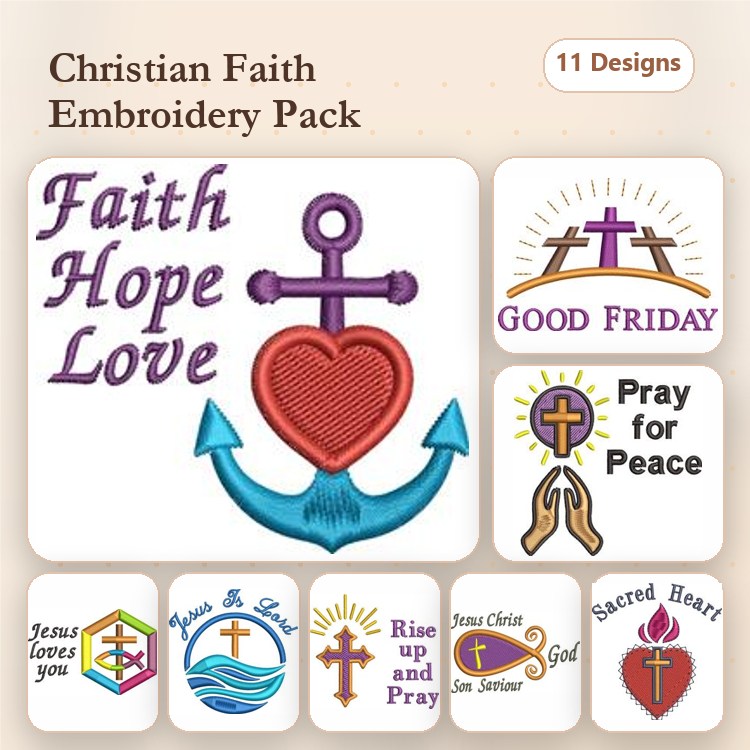 Christian Faith Embroidery Designs Bundle – Faith Hope Love Anchor, Good Friday Cross, Jesus Loves You & More (11 Designs)